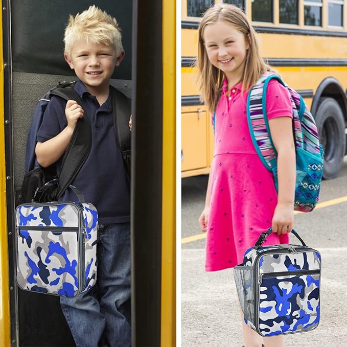 Insulated Lunch Bag, Leakproof Portable Box for Women Men Boys Girls, Large Capacity Cooler Bag with Handle and Bottle Pocket for Office School Camping Hiking Outdoor Beach Picnic (Camo Blue)