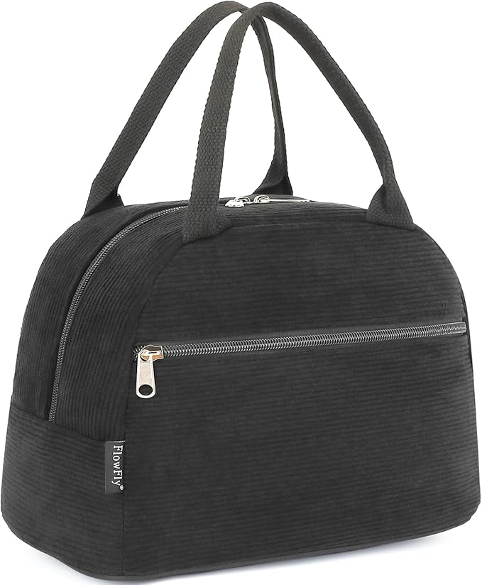 FlowFly Lunch Bag for Women Insulated Lunch Box Corduroy Lunch Tote Cooler for Travel Work Picnic,Corduroy Black
