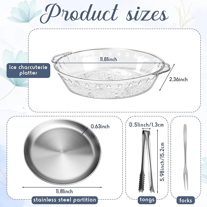 Baderke 4 Sets 11.8" Chilled Serving Tray for Parties Round Iced Platter with Ice Underneath Stainless Steel Clip Fruit Fork Shrimp Cocktail Serving Dish for Oysters Crawfish Fruits (Original)