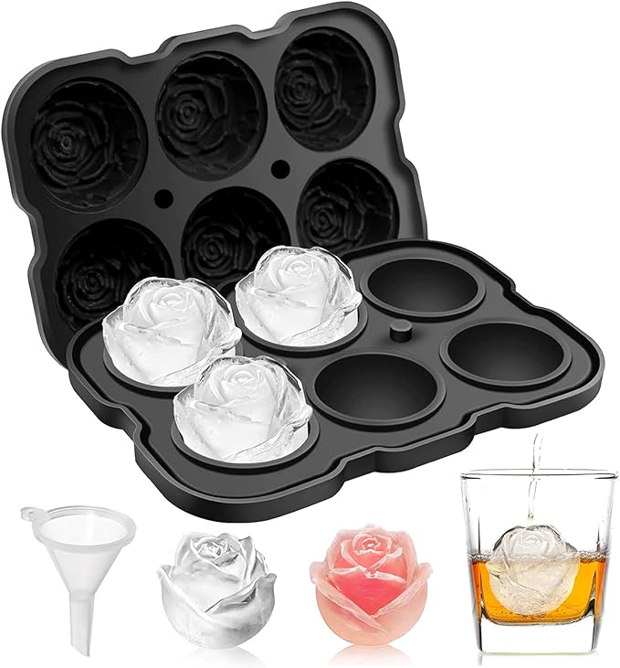 Ice Cube Tray, Mikiwon 2 inch Rose Ice Cube Trays With Covers, 6 Cavity Silicone Rose Ice Ball Maker, Easy Release Large Ice Cube Form for Chilled Cocktails, Whiskey, Bourbon & Homemade Juice Black