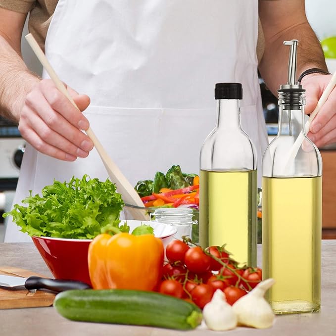 AOZITA [2 PACK] 17 oz Glass Olive Oil Dispenser Bottle Set - 500ml Clear Oil & Vinegar Cruet Bottle with Pourers, Funnel and Labels