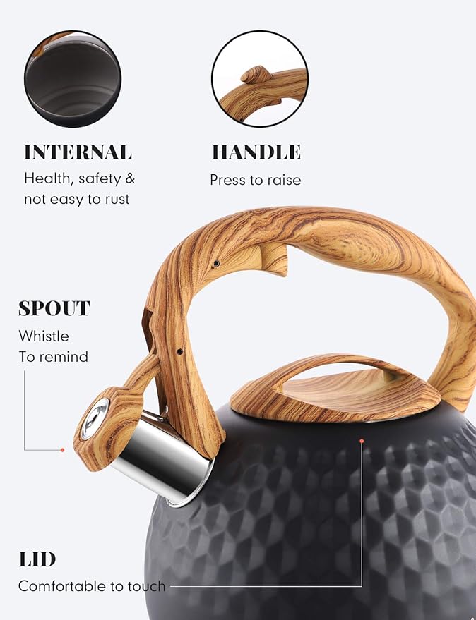 BELANKO 2.7 Quart Tea Kettle for Stovetop - Food Grade Stainless Steel with Diamond Texture, Designer Teapot Look, Cool-Touch Wood Pattern Handle, Whistling Spout - Matte Black