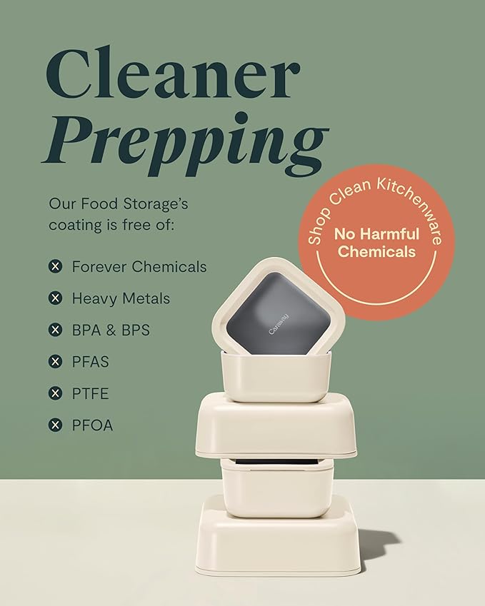 Caraway 13pc Glass Food Storage Container Set - Easy to Store, Non Toxic Lunch Box - with Glass Lids - Includes Storage Organizer - Cream