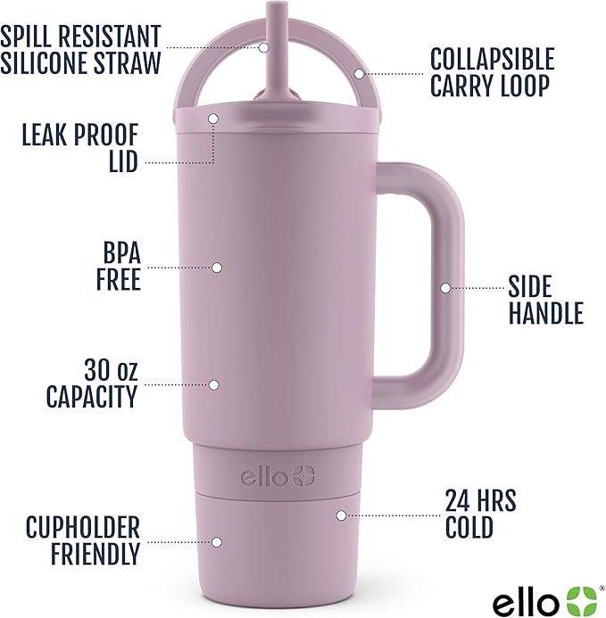 Ello Port 30oz Tumbler with Carry Loop & Integrated Handle | Vacuum Insulated Stainless Steel Reusable Water Bottle Travel Mug | Leak Proof Lid | Flexible Straw | BPA-Free | Dishwasher Safe | Mauve