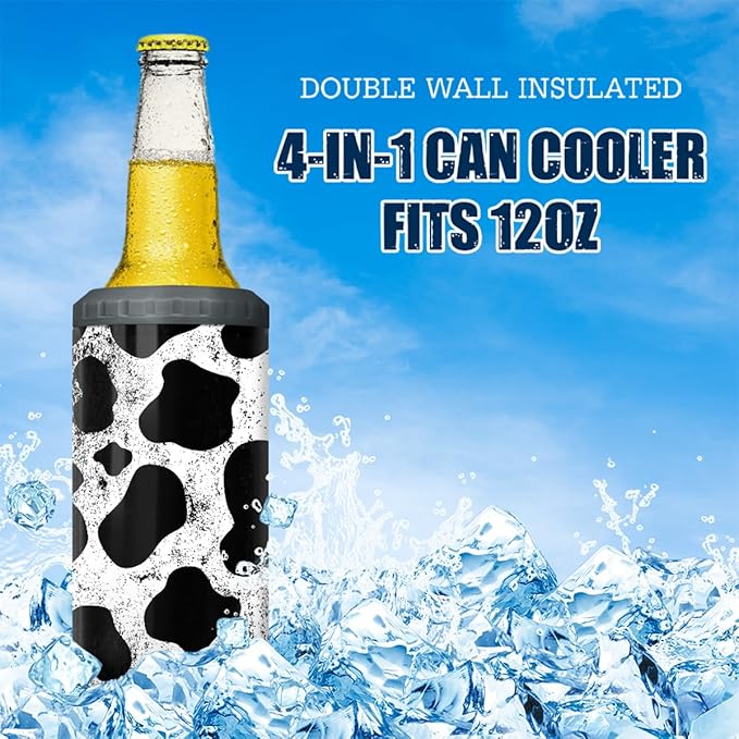SANDJEST Cow Tumbler Cowhide Doodle 4 in 1 12oz Tumbler Can Cooler Coozie Skinny Stainless Steel Tumbler Gift for Women Girl Daughter Sister Animal Lovers Farm Girl Christmas Birthday