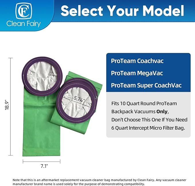 CF Clean Fairy 10pack Vacuum Bags Compatible with ProTeam Coachvac MegaVac & Super CoachVac Models Replacement for Part #100331 10Qt Intercept Micro Filter Bag 18 inch long 7 inch wide