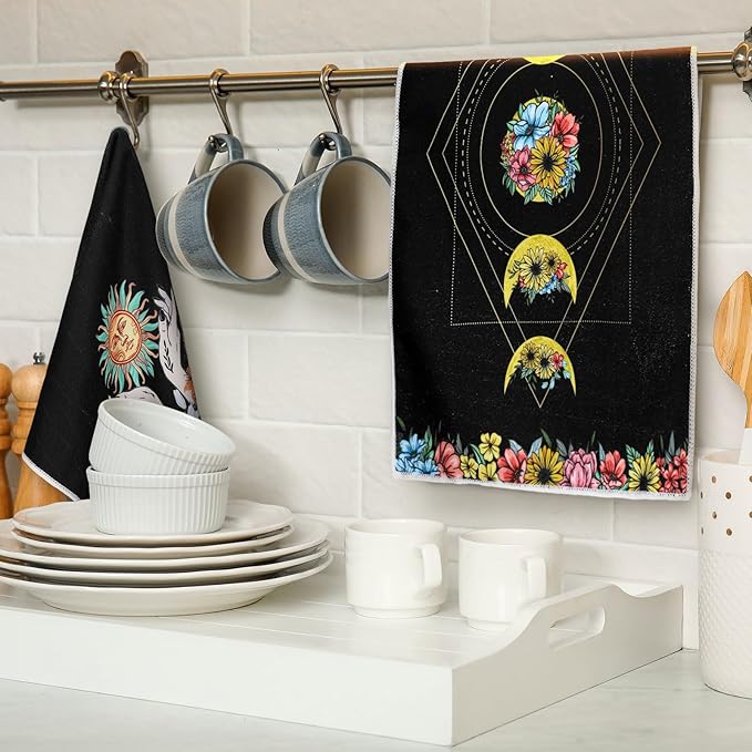Boyiee Set of 6 Witchy Kitchen Towels Boho Tea Towels Absorbent Mushroom Floral Dish Towels 24 x 16'' Gothic Dish Towels Sun Moon Star Butterfly Hand Towels Gifts for Farmhouse Kitchen Bathroom