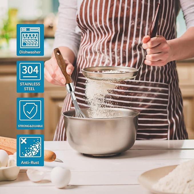 304 Stainless Steel Whisk with Wooden Handle, Balloon Egg Beater Versatile for Stirring, Beating, Whisking, Blending, Mixing Egg, Cake Batter, Bread Flour, Gravy or Sauces