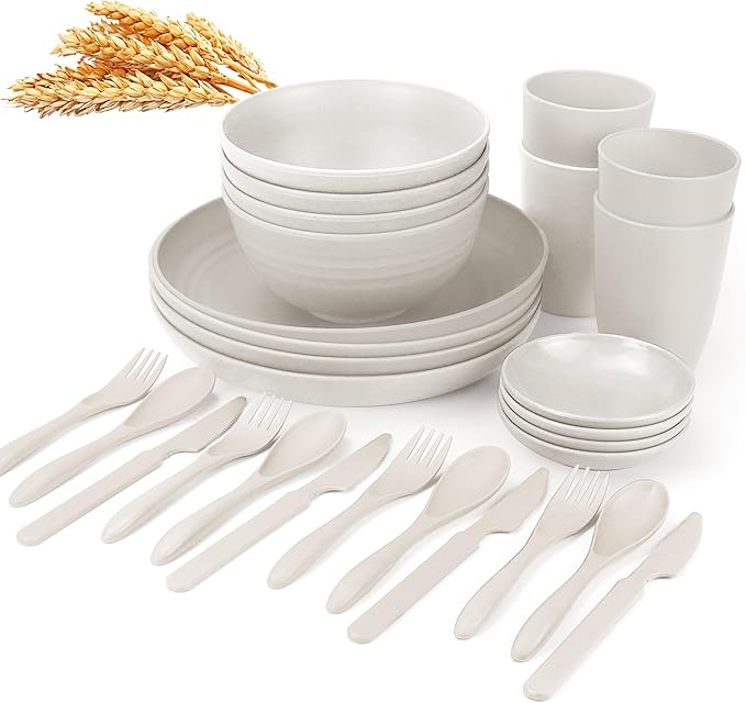 Wrova Wheat straw dinnerware sets - 28 Pieces dish sets service for 4 - Lightweight and Unbreakable Plates and Bowls Sets for Travelling and Camping.White