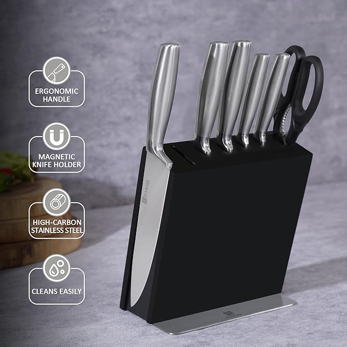 Magnetic Knife Block Set, 7pcs Ultra Sharp Knife Set with Shears, Space-Saving Design for Home and Professional Kitchens, Silver