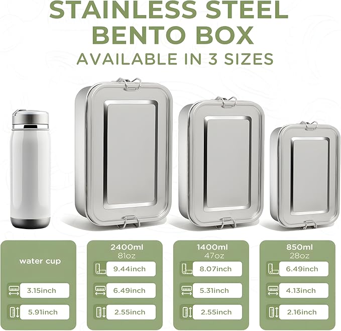 304 Stainless Steel Bento Box,3 Pack Stainless Steel Containers With Lids 2400/1400/850ml,Leak-Proof & Stackable Metal Lunch Box Food Storage Containers for Work Work,Picnic