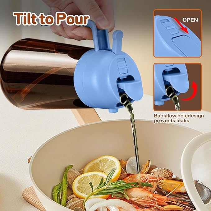 YARRAMATE 16oz/470ml Dark Brown Oil Sprayer for Cooking with Stickers, Food-grade Premium 2 in 1 Olive Oil Dispenser Bottle for Kitchen Gadgets, Air Fryer, Salad, Frying, BBQ (SkyBlue)