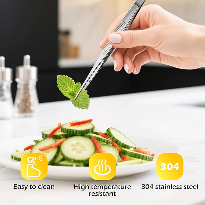 8-Inch Kitchen Tweezers Tongs Stainless Steel Kitchen Tweezers for Cooking Chef Tweezer Professional Skinny Culinary Tongs for Pasta Food Plating BBQ (3PCS)