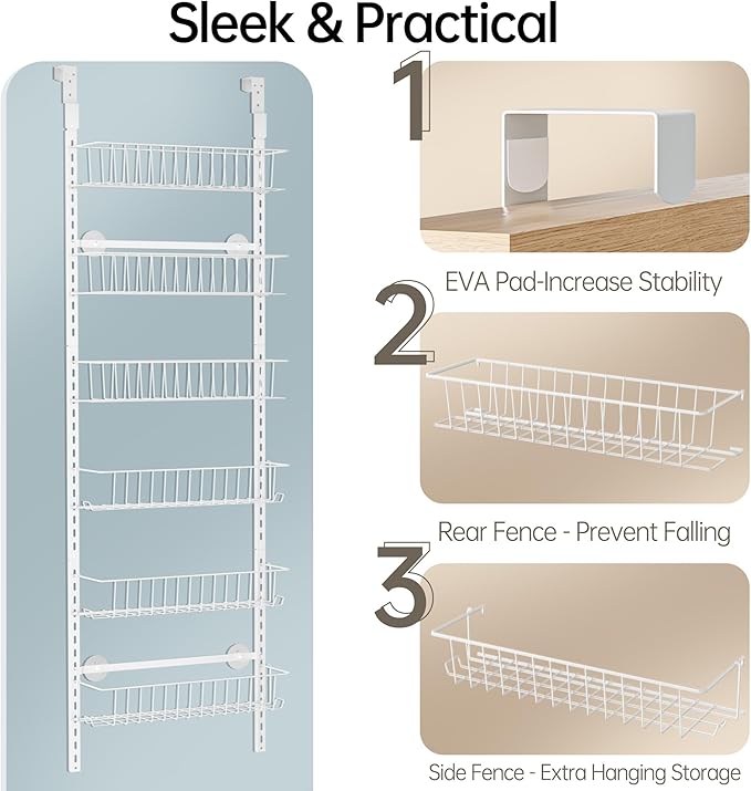 Delamu Adjustable Cabinet Door Organizer, 6-Tier Hanging Spice Rack Organizer, Metal Over the Door Pantry Organizer, Pantry Organizers and Storage Shelves for Kitchen Bathroom Laundry Room, White M