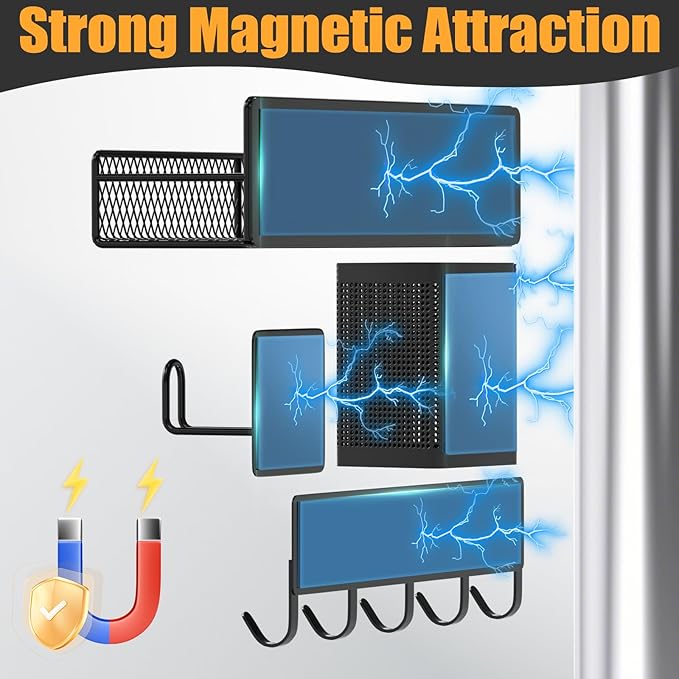 Magnetic Spice Rack for Refrigerator, 10 Pack 100% Metal Strong Magnet Shelf, Moveable Spice Organizer W/ Adjustable Paper Towel Holder, Hook Rack & Utensil Caddy, Home Kitchen Laundry Storage, Black