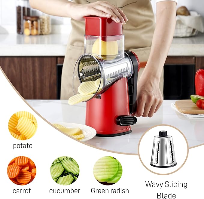 Rotary Cheese Graters with 4 Blades, Hand Crank Cheese Grater with Waffle Slicer, Red, Black and White Cheese Shredder with Suction Base, Easier for Shredding & Grating (Red, 4 Graters)