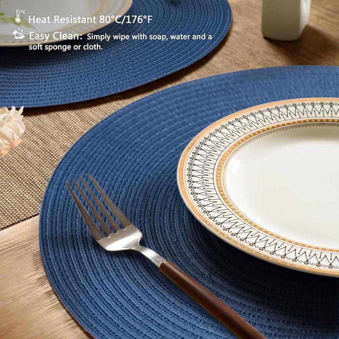 FunWheat Round Braided Placemats Set of 6 Place mats for Dining Tables Woven Heat Resistant Table Mats 15 inch (Blue,6pcs)