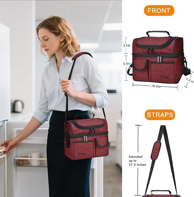 Tirrinia Reusable Lunch Box for Men Women, Insulated Lunch Bag Adult Work, Double Decker Leakproof Lunchbox for Office Picnic Beach—Dual Compartment Lunch Cooler Bag,Red