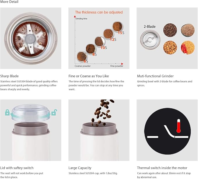 DR MILLS DM-7441W Coffee Grinder Electric, Coffee Bean and Dried Spice Grinder, One Touch Operation, Blade and Cup Made with SUS304 Stainless Steel (White)