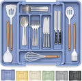 Caperci Large Silverware Organizer for Kitchen Drawer & Utensils - Expandable Drawer Organizer for Cutlery, Flatware & Gadget, BPA-Free Thick Plastic, Wider Compartments & Non-skid Feet (Breezy Blue)