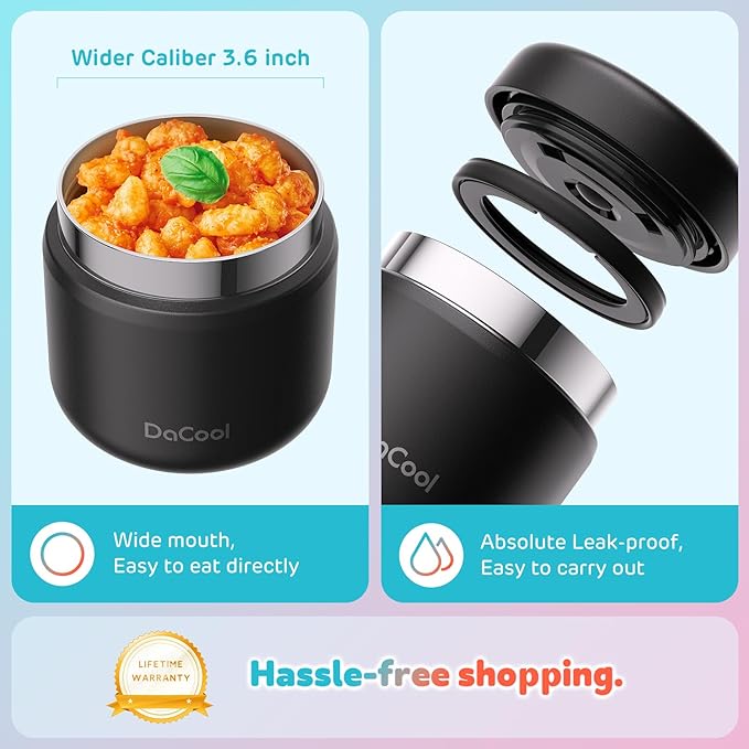 DaCool Kids Thermo for Hot Food Vacuum Stainless Steel Insulated Food Jar 13 OZ Kids Food Thermo Insulated Lunch Container Bento for School Picnic Travel Outdoors,LeakproofBPA Free, Black
