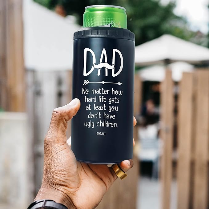 SANDJEST 4-in-1 Dad Tumbler Gifts for Dad from Daughter Son - 12oz Funny Ugly Children Dad Can Cooler Tumblers Travel Mug Cup - Insulated Cans Coozie Travel Mug Christmas, Birthday, Father's Day Gift