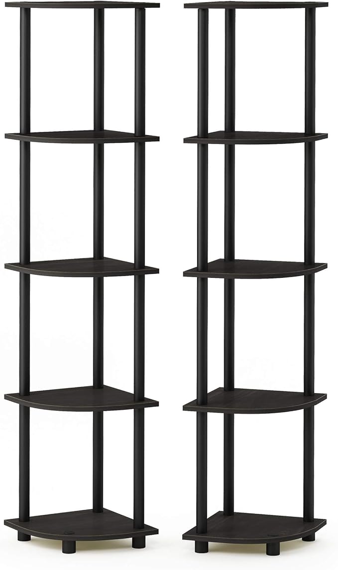 Furinno TURN-N-TUBE Corner Shelf Set of 2, 5-Tier Corner Bookshelf, Open Storage Shelves, for Organization and Storage, Living Room, Home Office, Garage, Espresso
