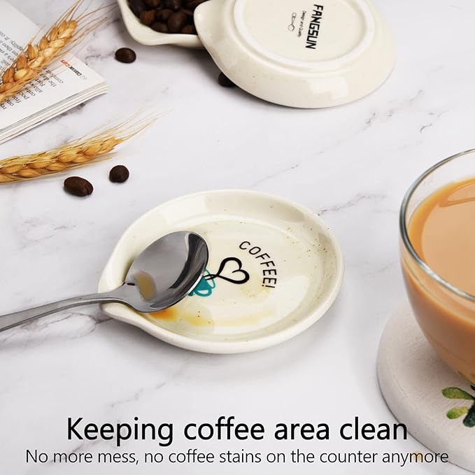 FANGSUN Coffee Spoon Rest, Mini Spoon Holder for Countertop Decor, Farmhouse Ceramic 3.5-Inch Small Teaspoon Rest for Coffee Bar Accessories, White