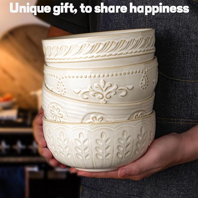 Artena Soup Bowls 32 OZ, Cereal Bowls Set of 4, Embossment Ceramic Ramen Bowl, 6.3 Inch White Salad Bowls, Large Dinner Bowl for Pho, Noodle, Pasta, Snack, Dishwasher Microwave Safe, Multiple Patterns