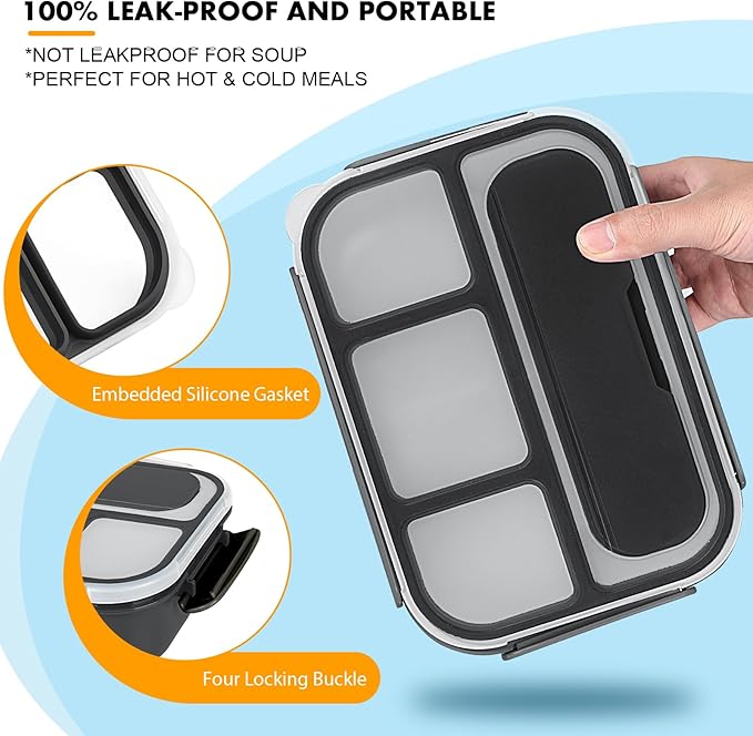 Bento Box Adult Lunch Containers, 5 Cup Box with 4 Compartments &Spork &Sauce Box, Leak-Proof, Microwave/Dishwasher Safe(Black)