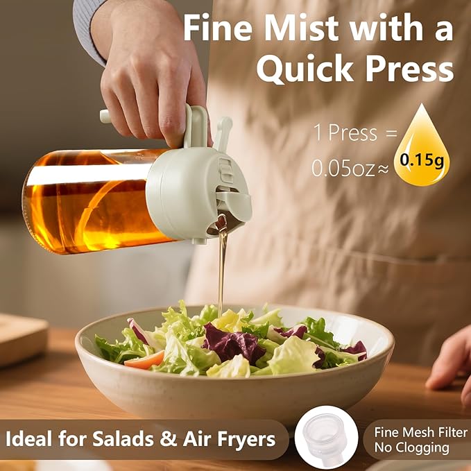 2PCS Oil Sprayer for Cooking, 470ml 2 In 1 Glass Olive Oil Sprayr & pourer for Kitchen, Air Fryer, Cooking, Salad, BBQ (Green,White)