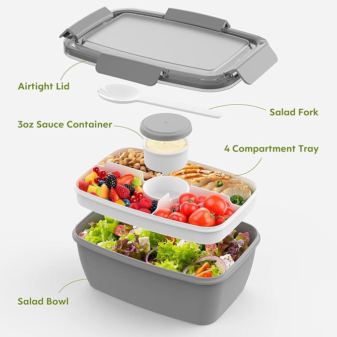Cherrysea Salad Lunch Container, 68oz Salad Bowls with 4 Compartments Tray,Leak Proof Lunch Box with Fork for Men,Women BPA-Free Snack Container with Sauce Container for Dressings-Grey
