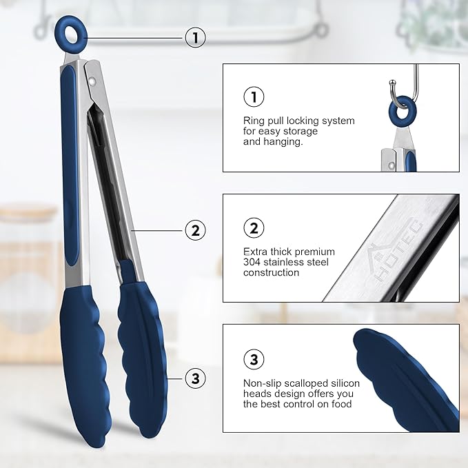 HOTEC Premium Stainless Steel Locking Kitchen Tongs with Silicon Tips, Set of 3-7", 9" and 12" (Classic Blue)