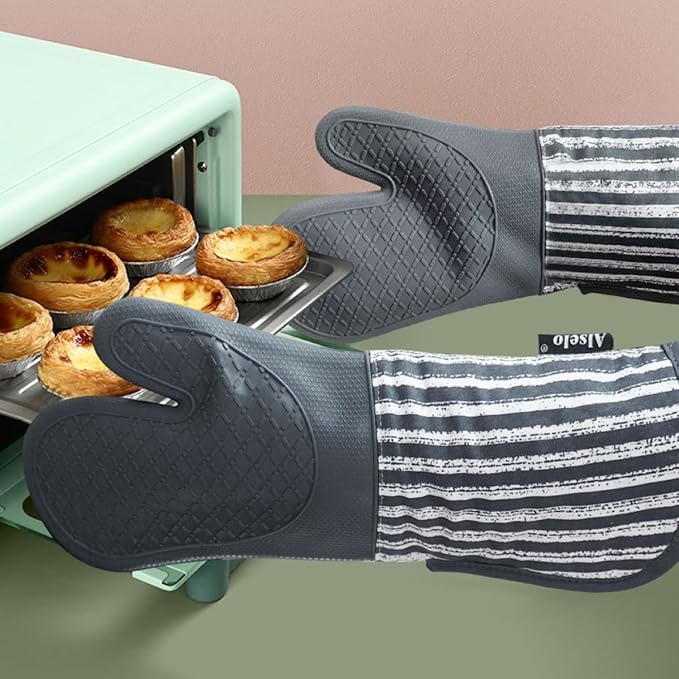 Silicone Oven Mitts Heat Resistant 932℉ with Waterproof & Non-Slip Kitchen Mittens, Set of 2 Extra Long Oven Gloves with Soft Cotton Terry Lining for Baking Cooking Barbecue