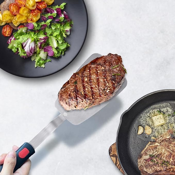 Stainless Steel Flexible Spatula Turner, VOVOLY Thin Metal Spatula for Cast Iron Skillet, Thin Blade and Heat Resistant Silicone Handle, Great for Egg, Cookie, Meat, Crep, Large