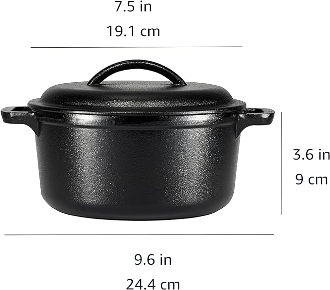 Amazon Basics Round Pre-Seasoned Cast Iron Mini Dutch Oven Pot with Lid and Dual Handles, 2-Quart, Black