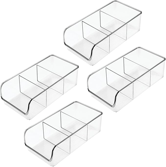 mDesign Plastic Food Storage Bin Organizer with 3 Compartments for Kitchen Cabinet, Pantry, Shelf, Drawer, Fridge, Freezer Organization - Holds Snack Bars - Ligne Collection - 4 Pack - Clear