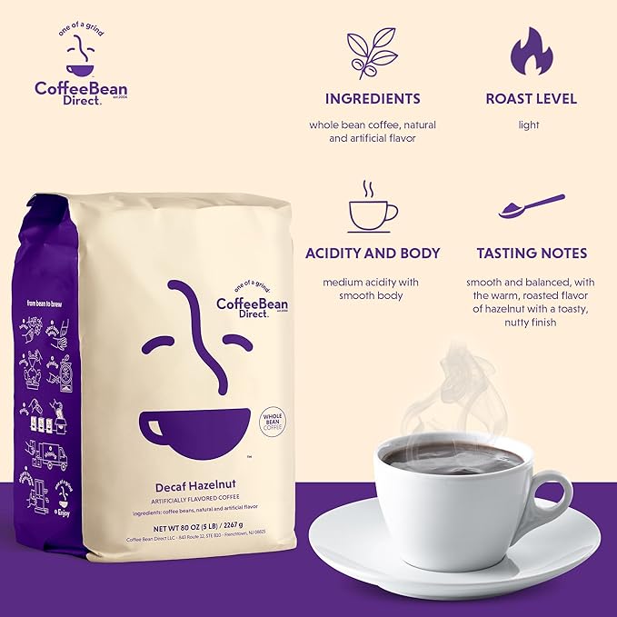 Coffee Bean Direct Decaf Hazelnut Flavored, Whole Bean Coffee, 5 Pound Bag (Pack of 1)