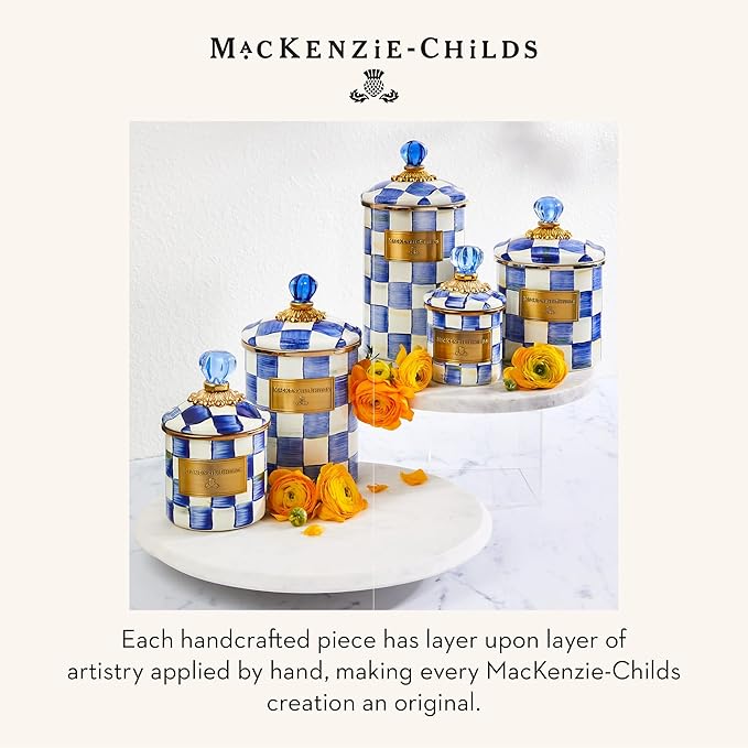 MACKENZIE-CHILDS Large Enamel Canister, Kitchen Storage Container for Flour and Sugar, 1.89 Liters, Blue-and-White Royal Check