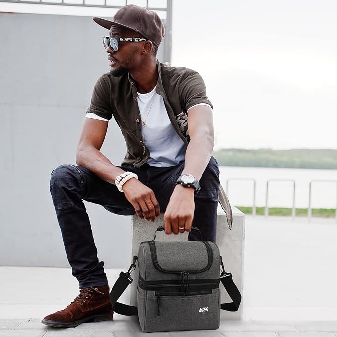 MIER 2 Compartment Lunch Bag for Men Women, Leakproof Insulated Cooler Bag for Work, Grey, Medium