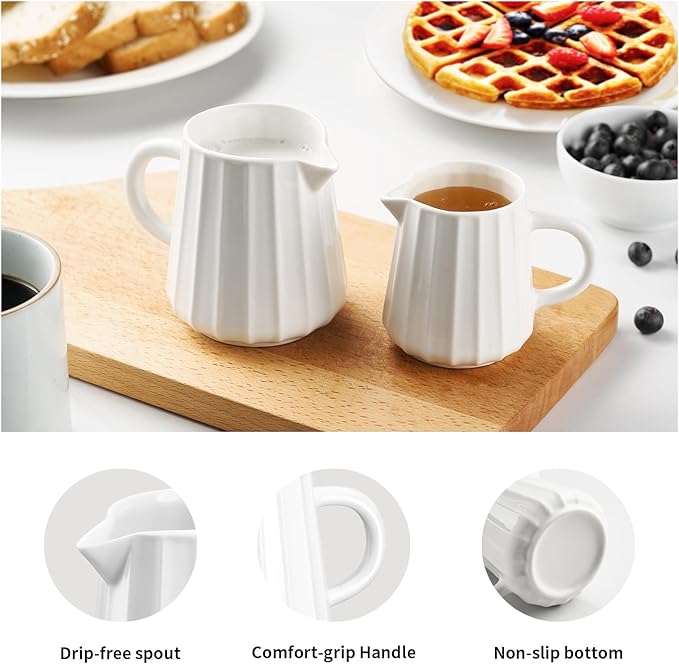 Gurygo 2 Pack 9 Oz Classic Ceramic White Creamer with Handle - Small Creamer Pitcher Set - Fine Porcelain Wave Shaped Small Milk Pitcher for Coffee Milk Sauces Salad, Microwave Safe