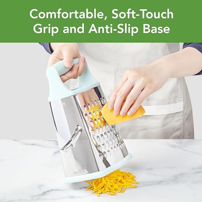 Tovolo Elements 4-Sided Box Grater - Stainless Steel Cheese Shredder with Coarse Medium Fine Slice Sides, Comfortable Handle & Stable Base for Kitchen Prep, Large, Blue Haze