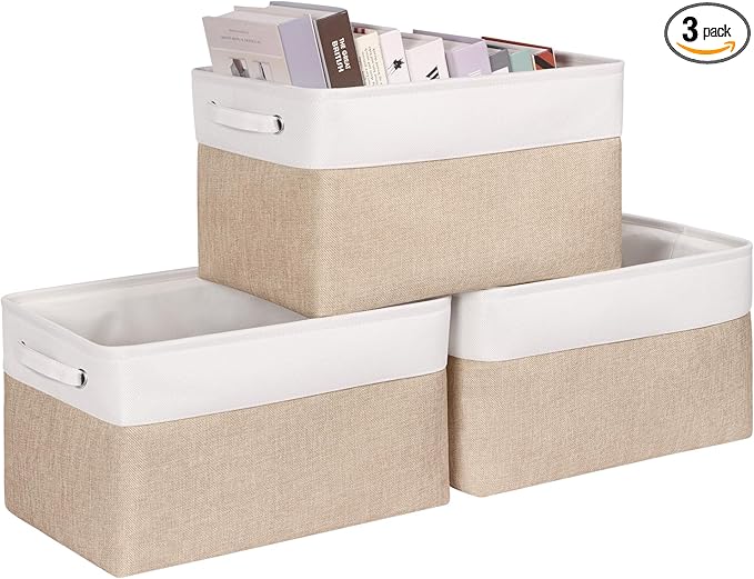 Kntiwiwo Foldable Storage Bin Collapsible Fabric Storage Basket Cube with Durable Handles Closet Organizer Bins for Organizing Shelves Drawers, Set of 3, 17" x 11.8" x 9.8", Beige