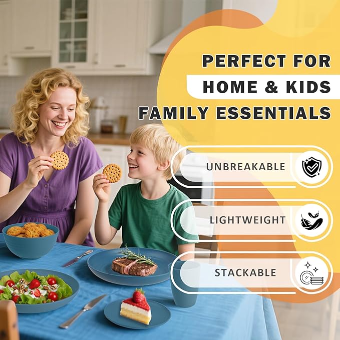 Wheat Straw Dinnerware Sets, 32 PCS Dishes Set for 8, Unbreakable Lightweight Reusable Plates and Bowls Sets for Kitchen Outdoors RV Camping Patio, Dishwasher & Microwave Safe - Blue