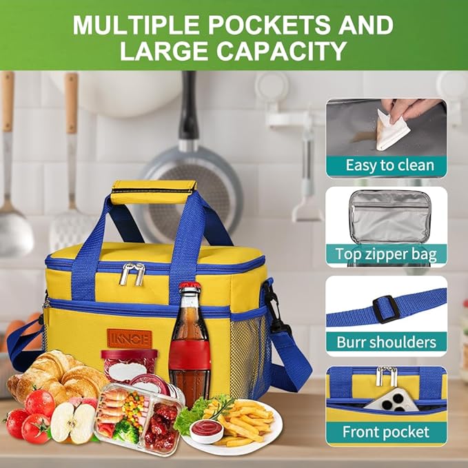 iknoe Insulated Lunch Bag, Foldable 8.5L Cooler Bag for Men & Women, Leakproof Thermal Design, Great for Office, Picnic, Travel, Lunch Box, Yellow