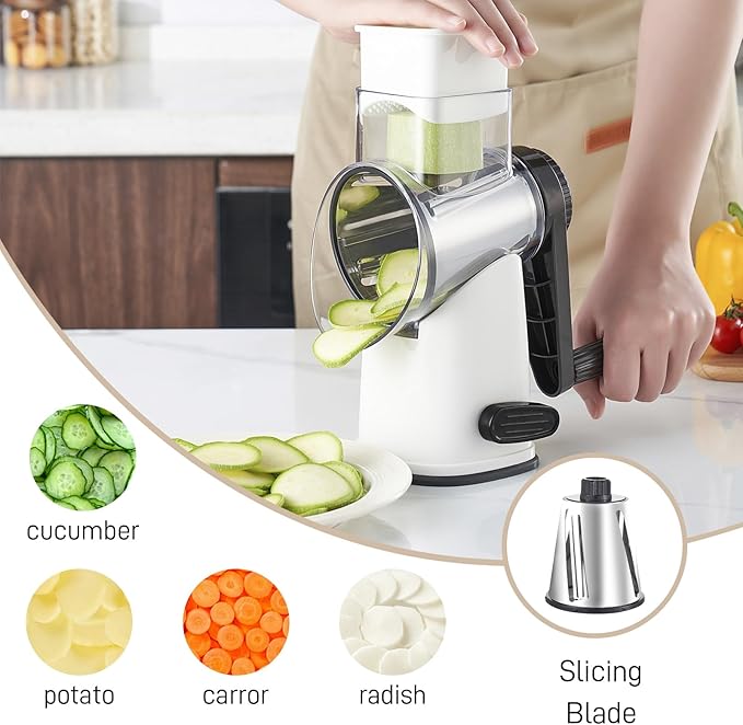 Rotary Cheese Graters with 4 Blades, Hand Crank Cheese Grater with Waffle Slicer, Red, Black and White Cheese Shredder with Suction Base, Easier for Shredding & Grating (White, 4 Graters)