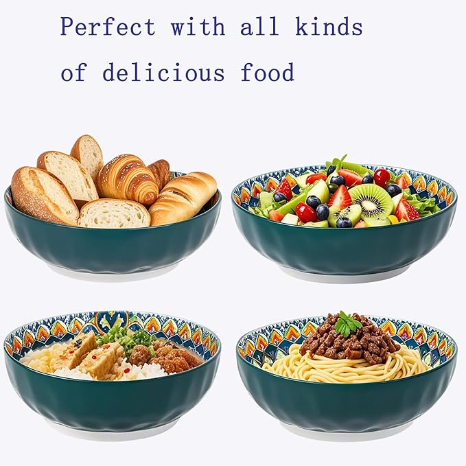 OZY Large Serving Bowls,10 inch Ceramic Salad Bowls,Ideal Housewarming Gift,Vibrant Color Soup Bowls for Party,Pasta,Fruit,Dishwasher & Microwave Safe Soup Bowls (Green)
