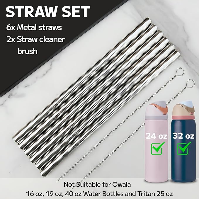 MIMORE Metal Straw for Owala 24 oz 32 oz - 6 PCS Satinless Steel Straws Compatible with Owala Straw Replacement - Resuable & Dishwasher Safe