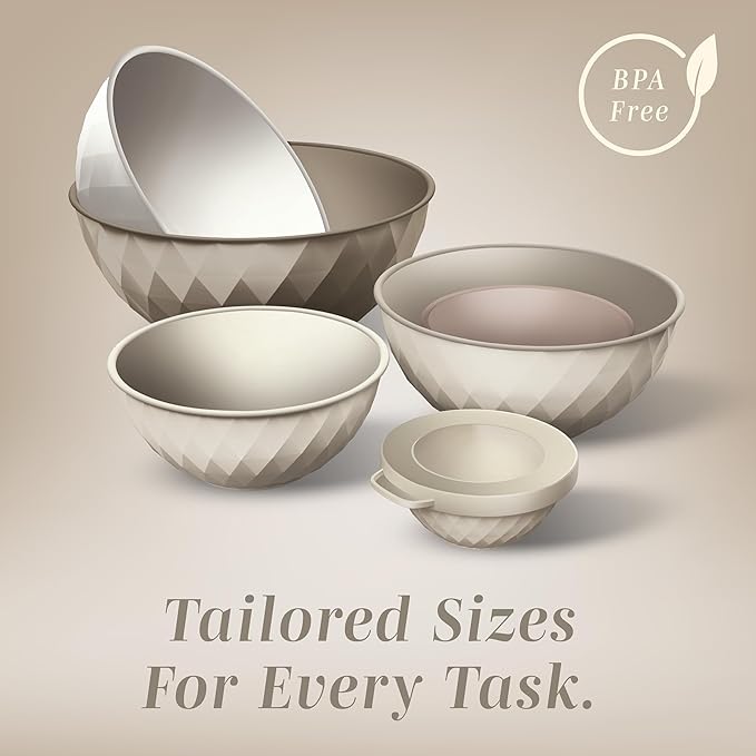COOK WITH COLOR Mixing Bowls with Lids - 12 Piece Plastic Nesting Bowls Set includes 6 Prep Bowls and 6 Lids, Diamond Design - Microwave Safe, Brown