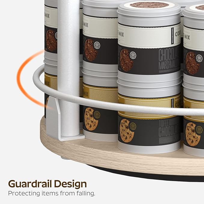 Lazy Susan Organizer, Rotating Spice Rack, 2 Tier Spice Turntable Organizer, Industrial Turntable Spice Holder, for Kitchen Countertop, Compact and Versatile, White and Light Oak SR22WG